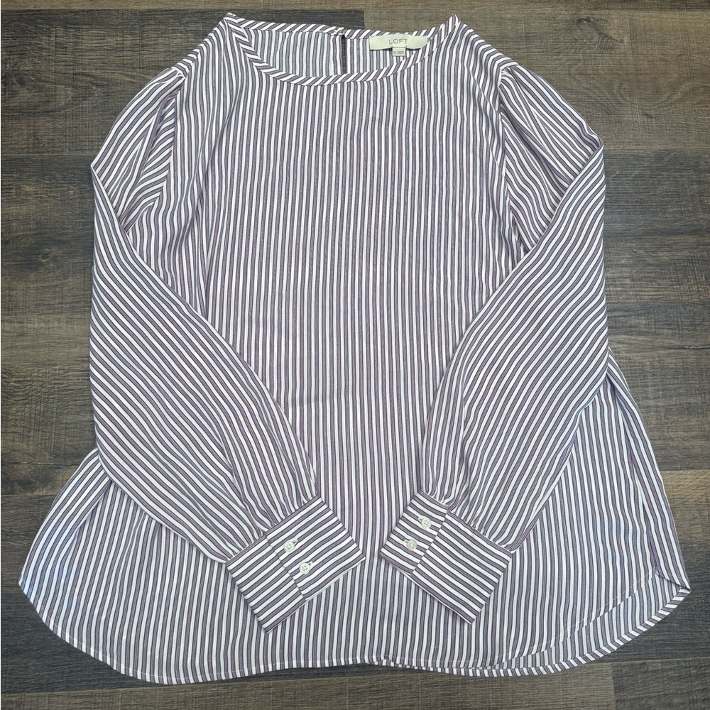 LOFT Purple and White Striped Long Sleeve Blouse
